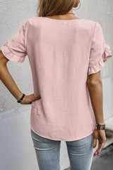 Solid Color Ruffle Trim Short Sleeve Blouse 