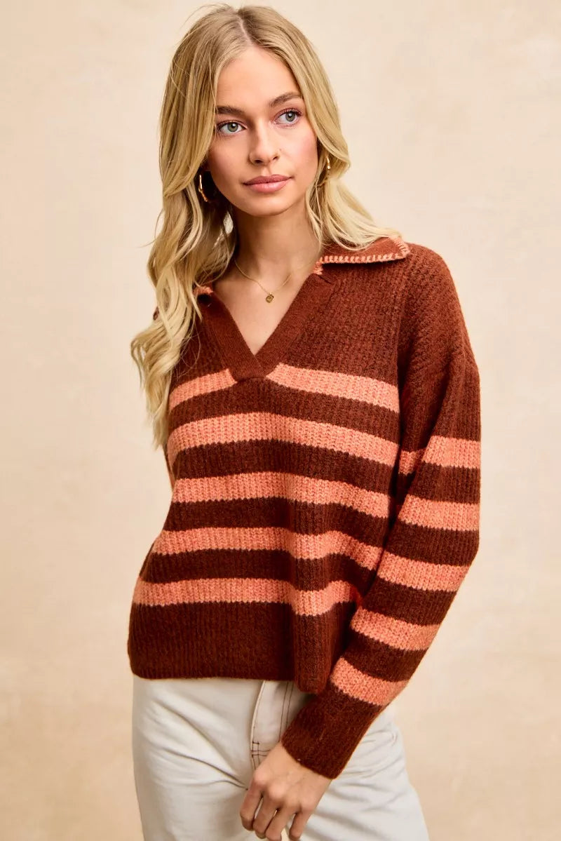 BiBi Striped Sweater Top with Collar Stitched Details 