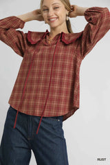 Umgee Full Size Plaid Ruffle Collar Blouse Plus Size 