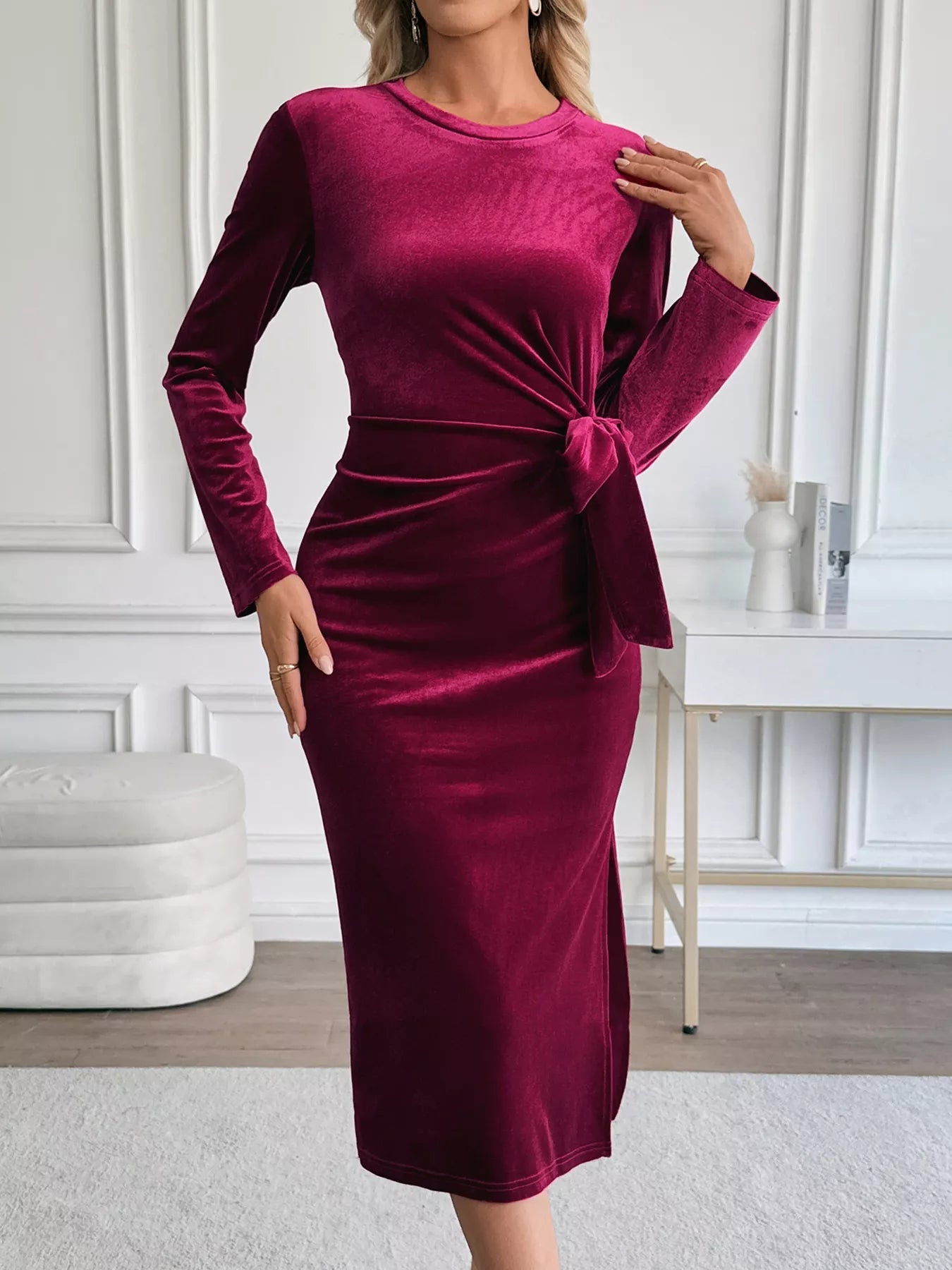 Velvet Slit Round Neck Long Sleeve Dress with Side Tie Detail 
