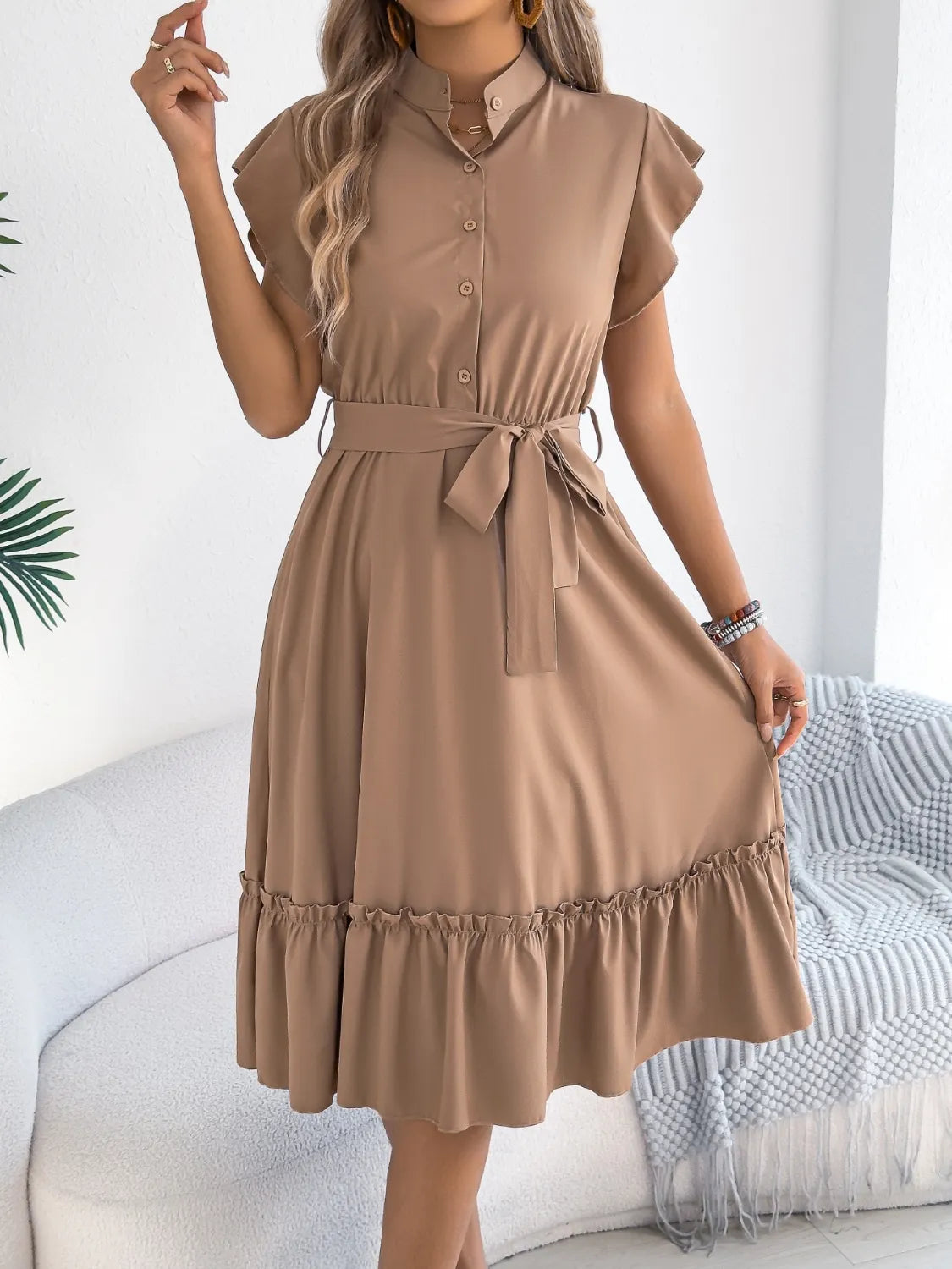 Tie Waist Ruffled Cap Sleeve Dress 