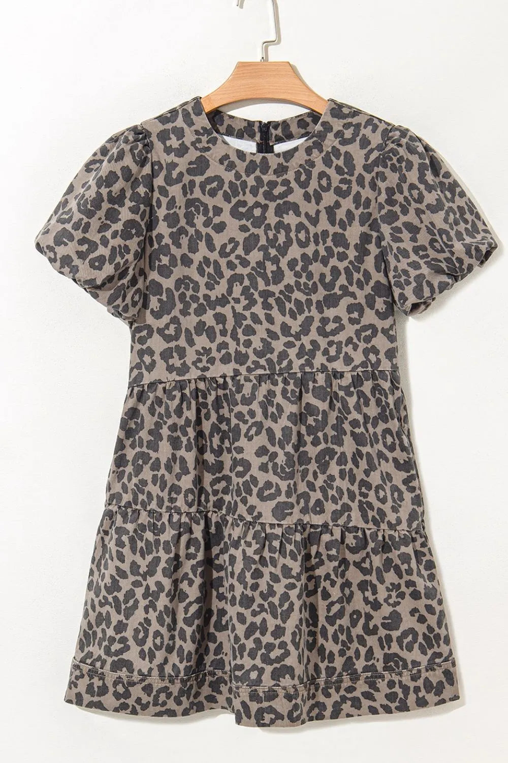 Leopard Round Neck Puff Sleeve Denim Dress 