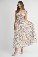MABLE Floral Print Puff Sleeve Gathered Midi Dress 