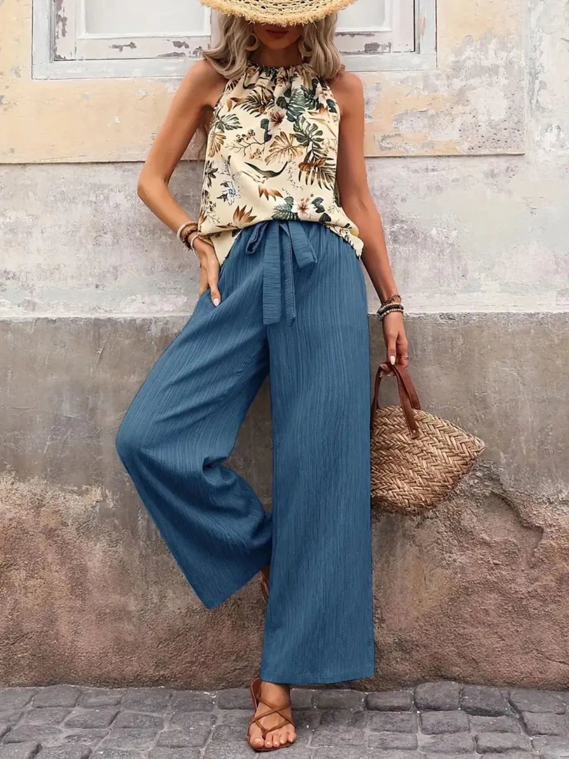 Printed Tank Top and Wide Leg Pants Set 