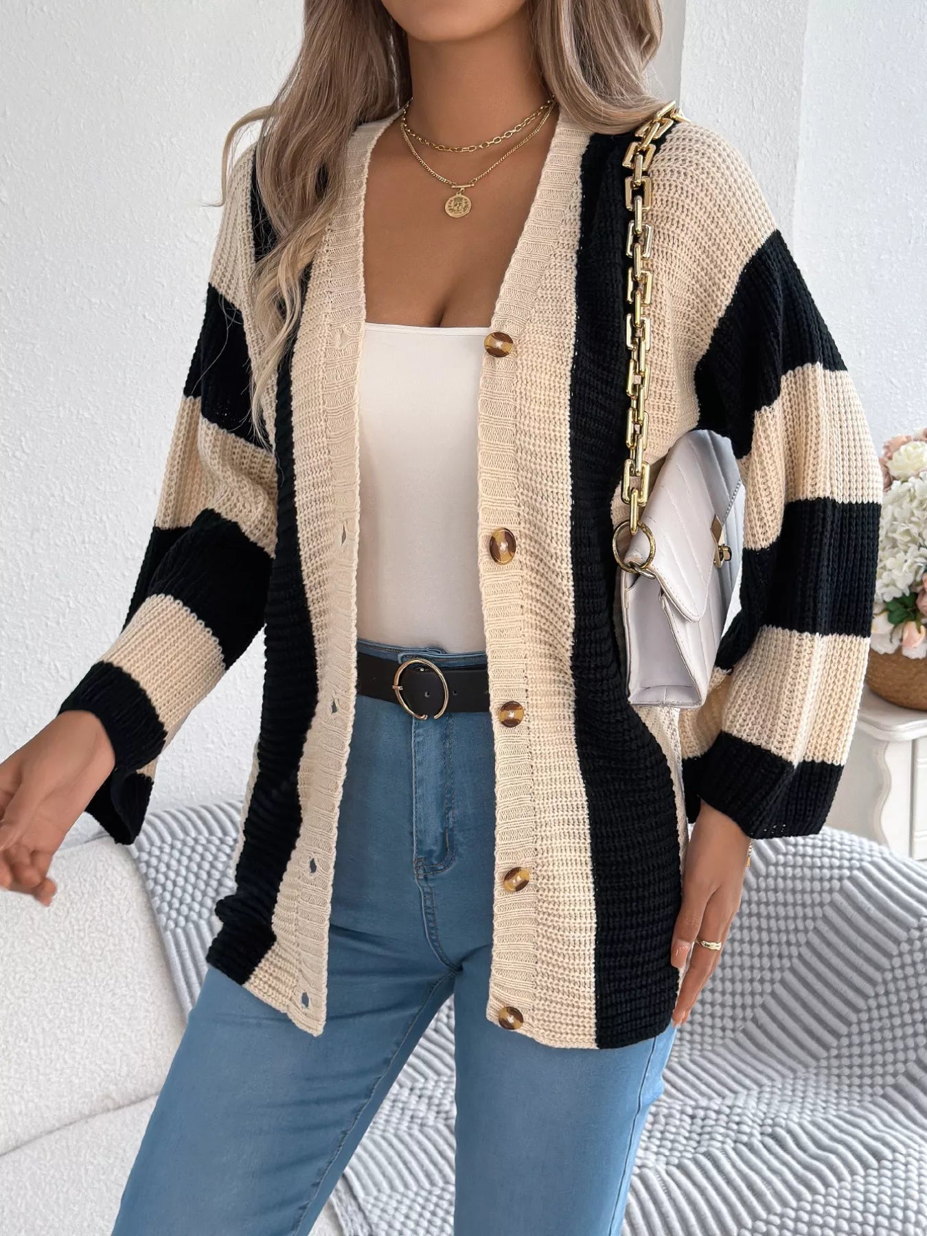 Color Block Button-Up Cardigan 