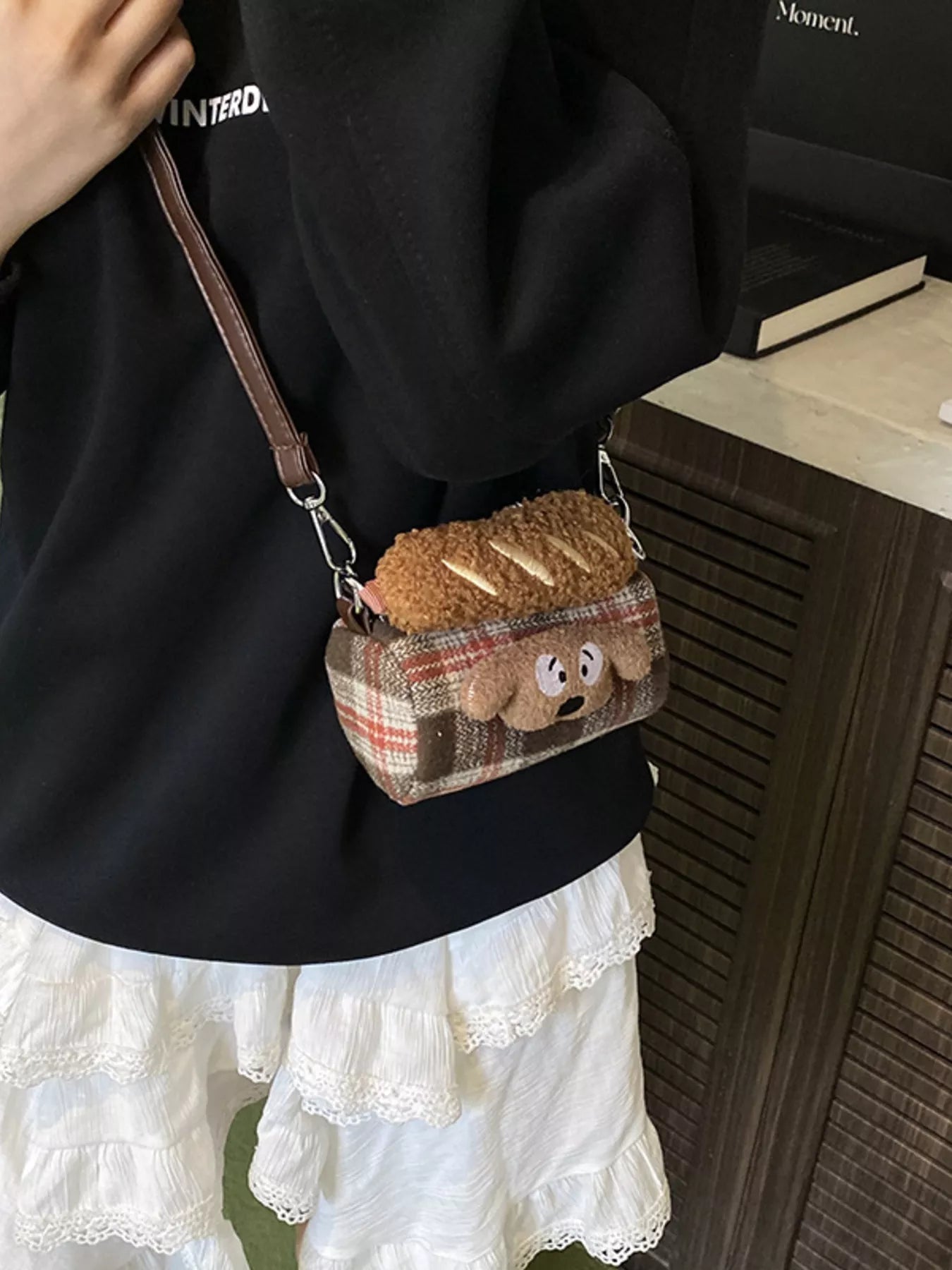Plaid Pattern Plush Trim Crossbody Bag 