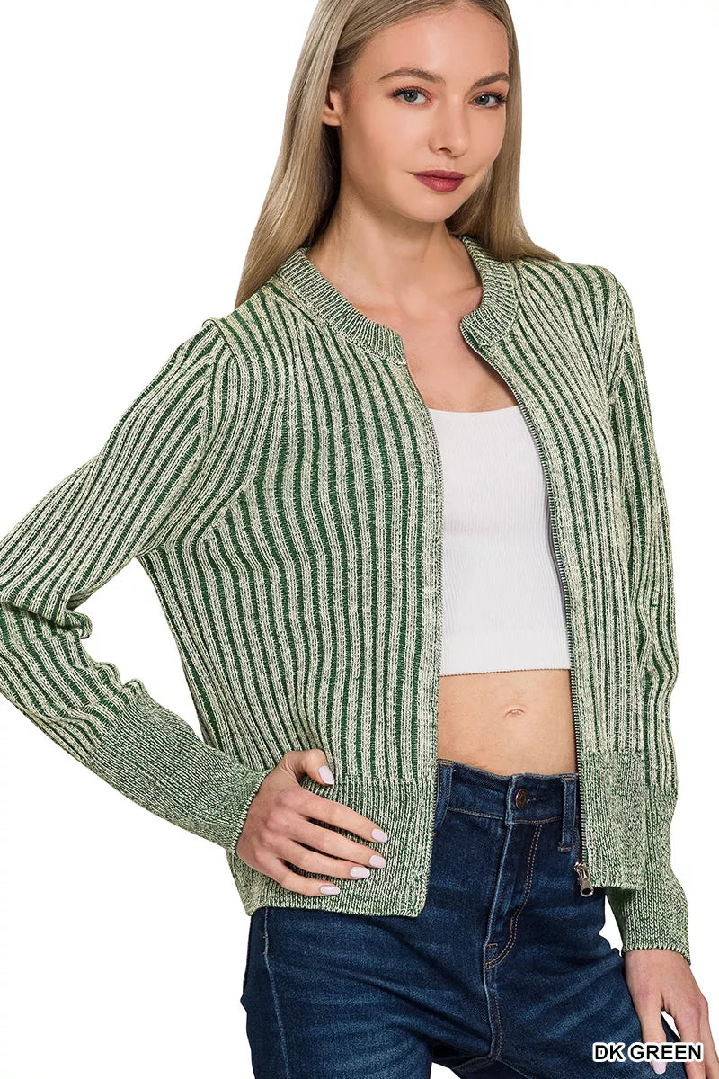 Zenana Ribbed Two Tone Zip Up Sweater Cardigan 