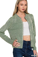 Zenana Ribbed Two Tone Zip Up Sweater Cardigan 