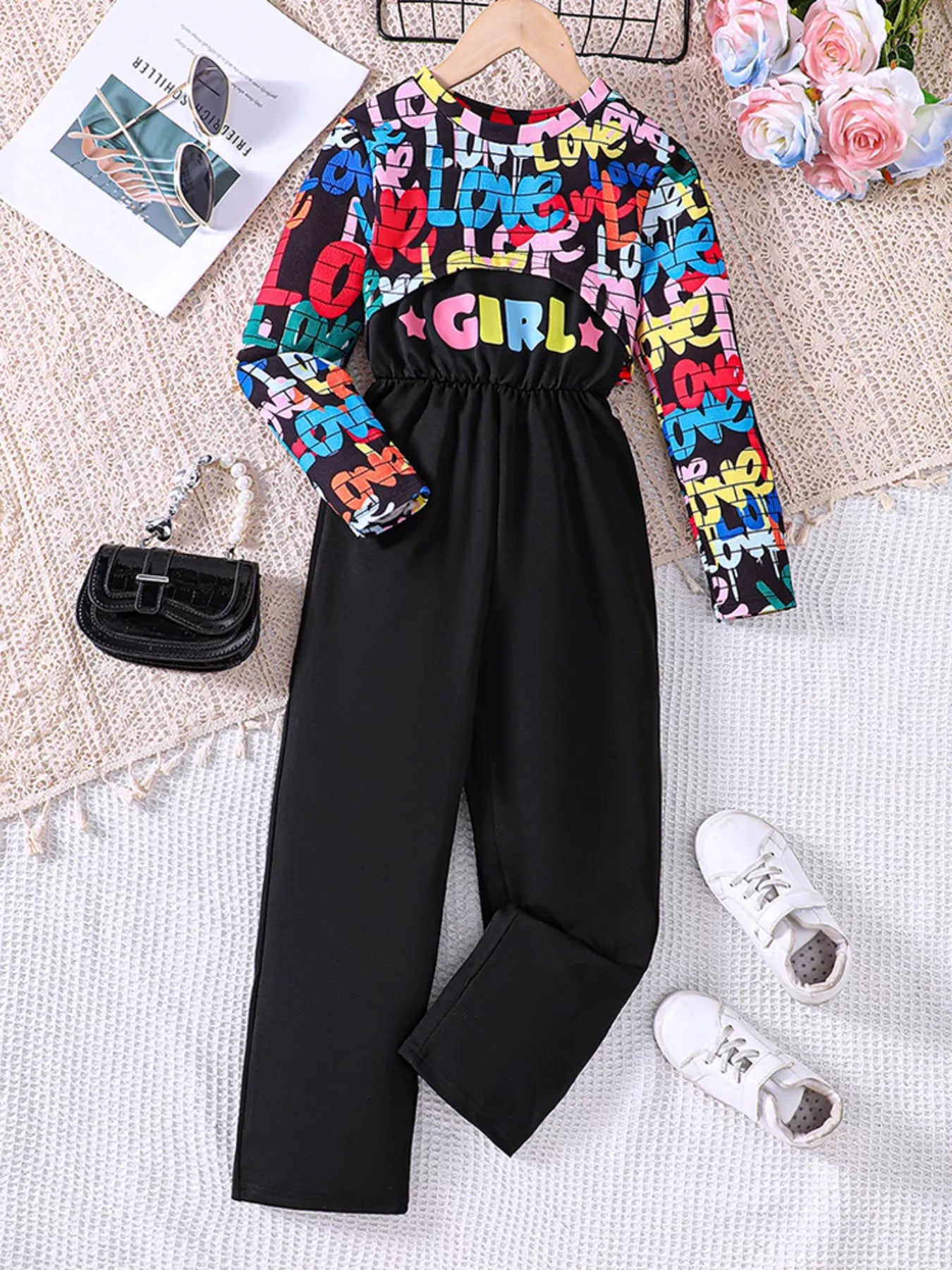 Children's Colorful Geometric Print Top & Jumpsuit Set 