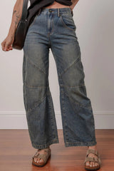 Exposed Stitching Loose Straight High Waist Jeans 