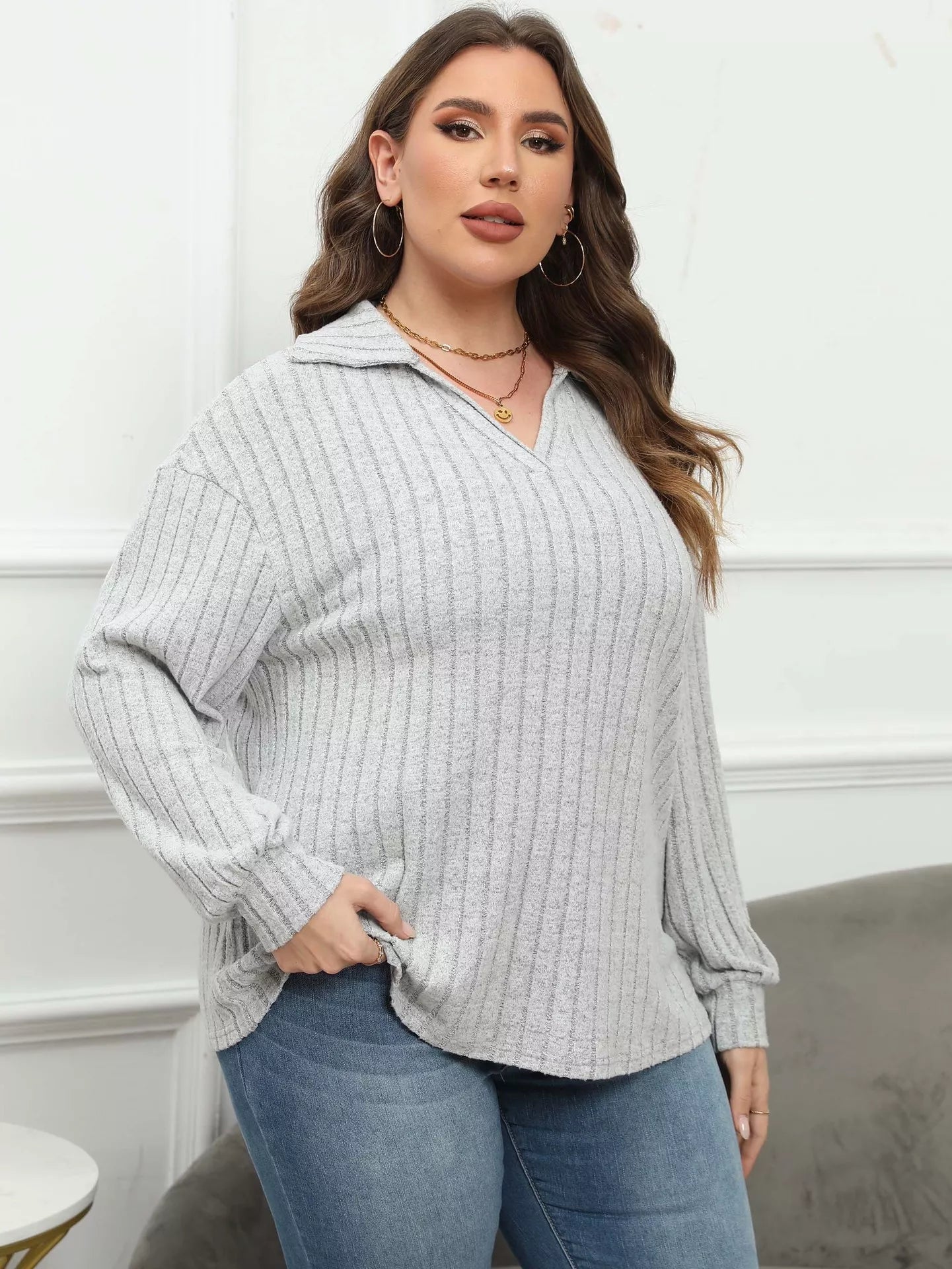 Plus Size Ribbed Knit Polo Collar T-Shirt 