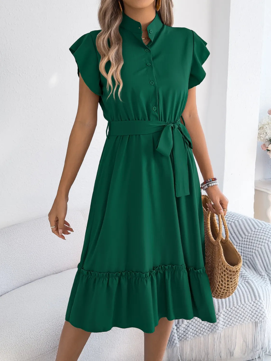 Tie Waist Ruffled Cap Sleeve Dress 