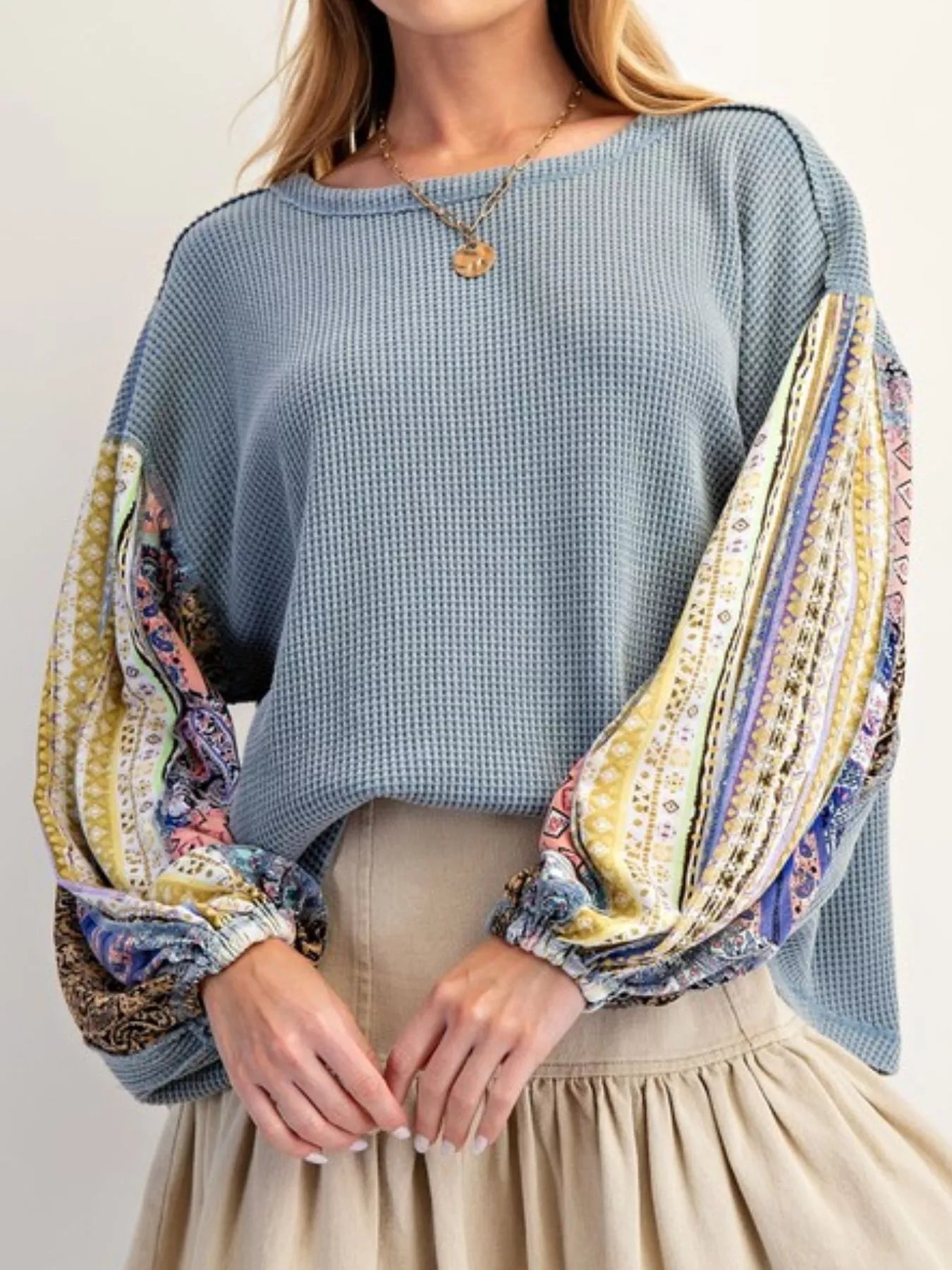 Waffle Knit Round Neck Dropped Shoulder Sweatshirt 