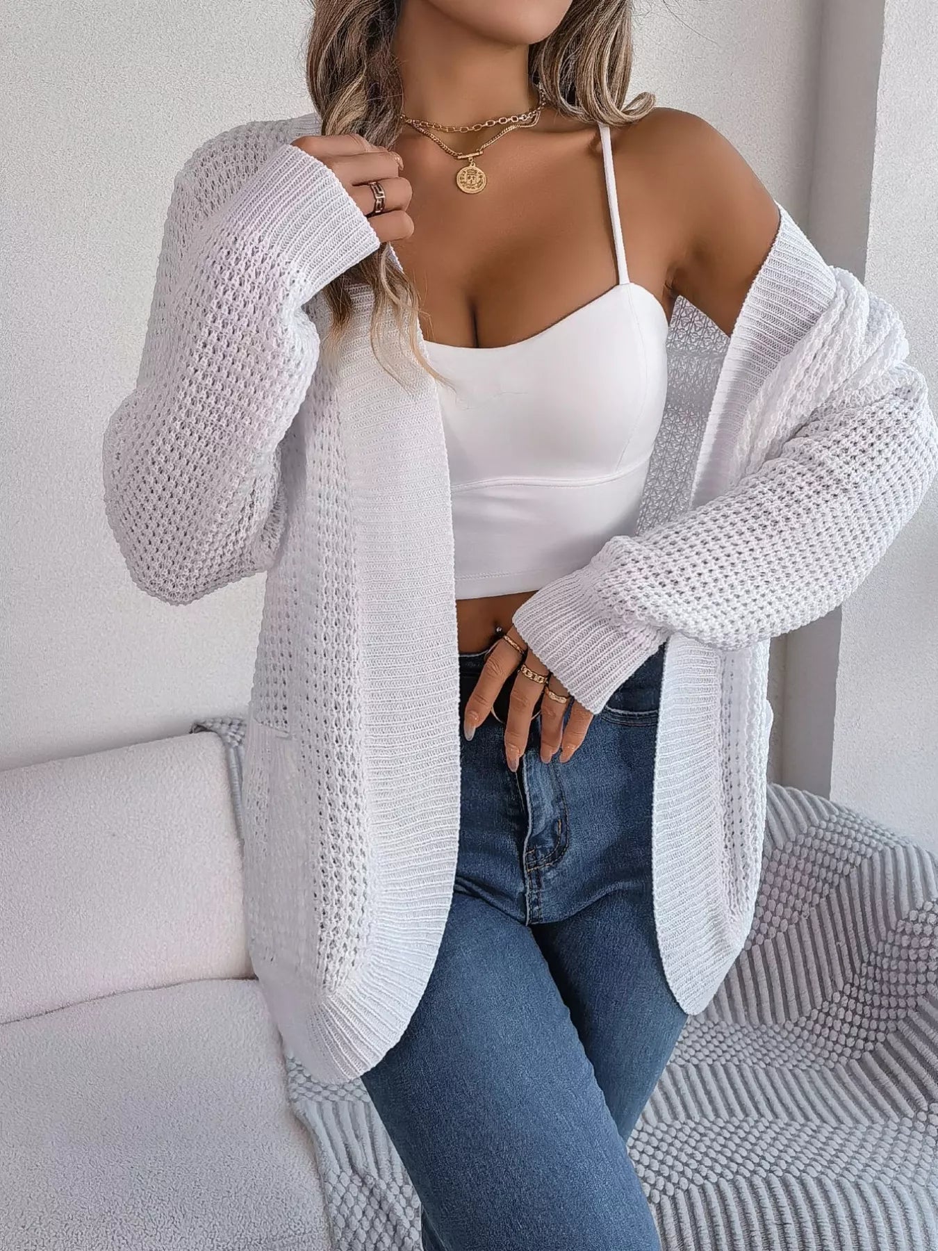Chunky Knit Open Front Cardigan with Pockets 
