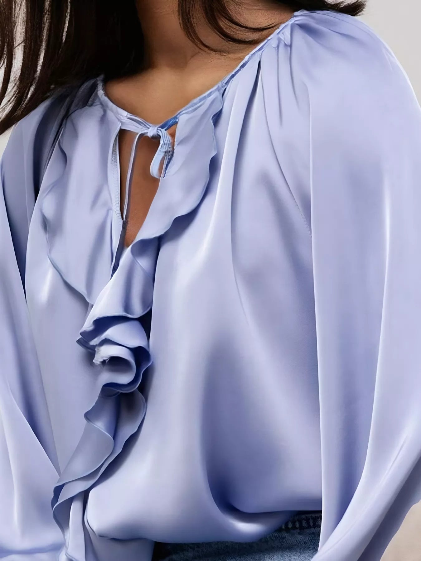 Ruffle Trim Satin Flounce Sleeve Blouse 