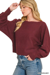Zenana Boat Neck Balloon Sleeve Sweater 