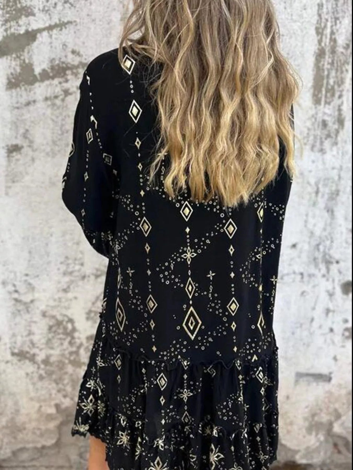 Full Size Printed Notched Flare Sleeve Dress Plus Size 