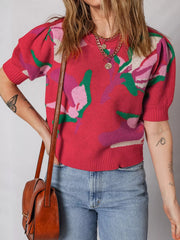 Floral Abstract Print Short Puff Sleeve Sweater 