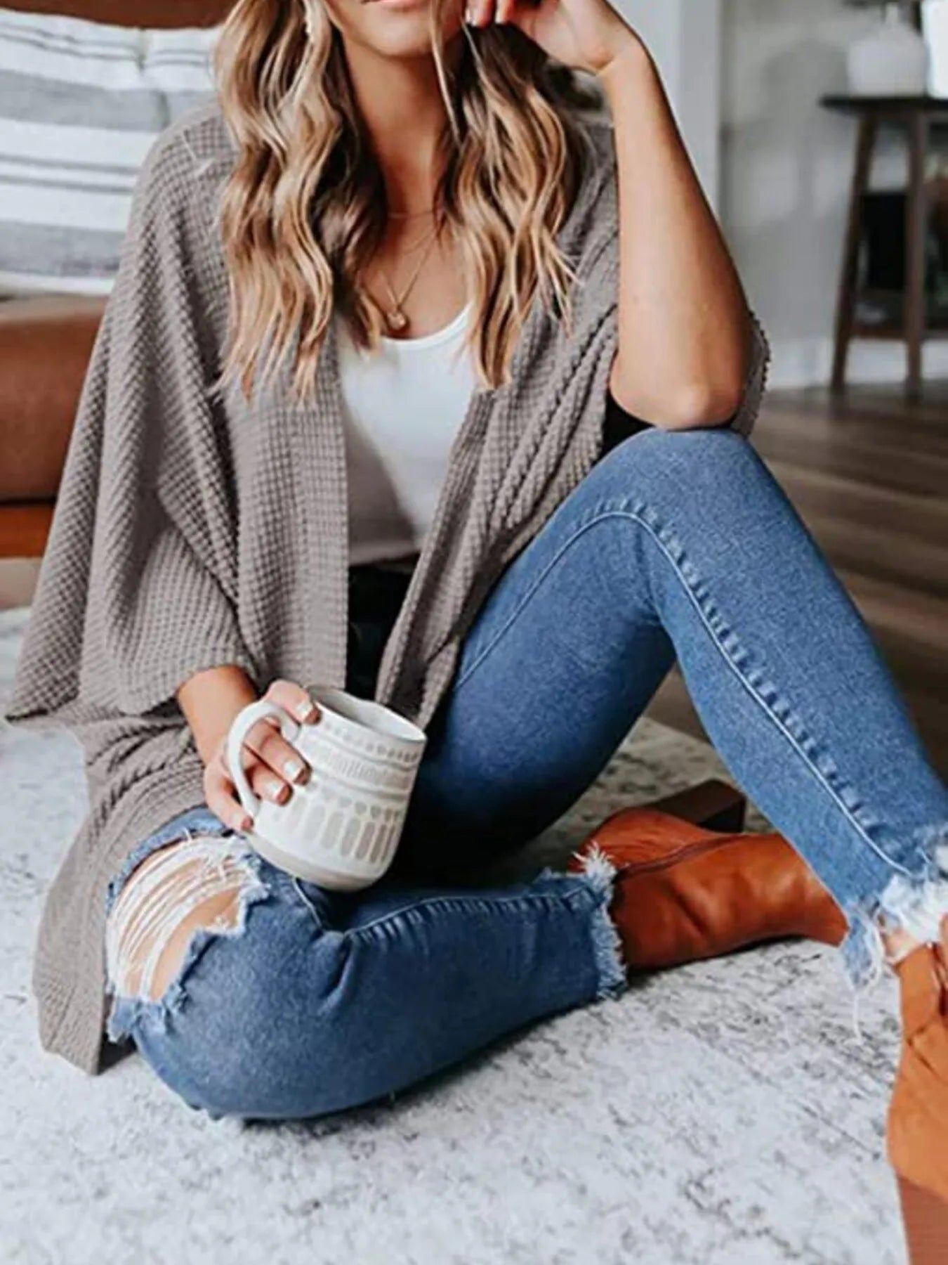 Full Size Open Front Waffle Knit Cardigan Plus Size 