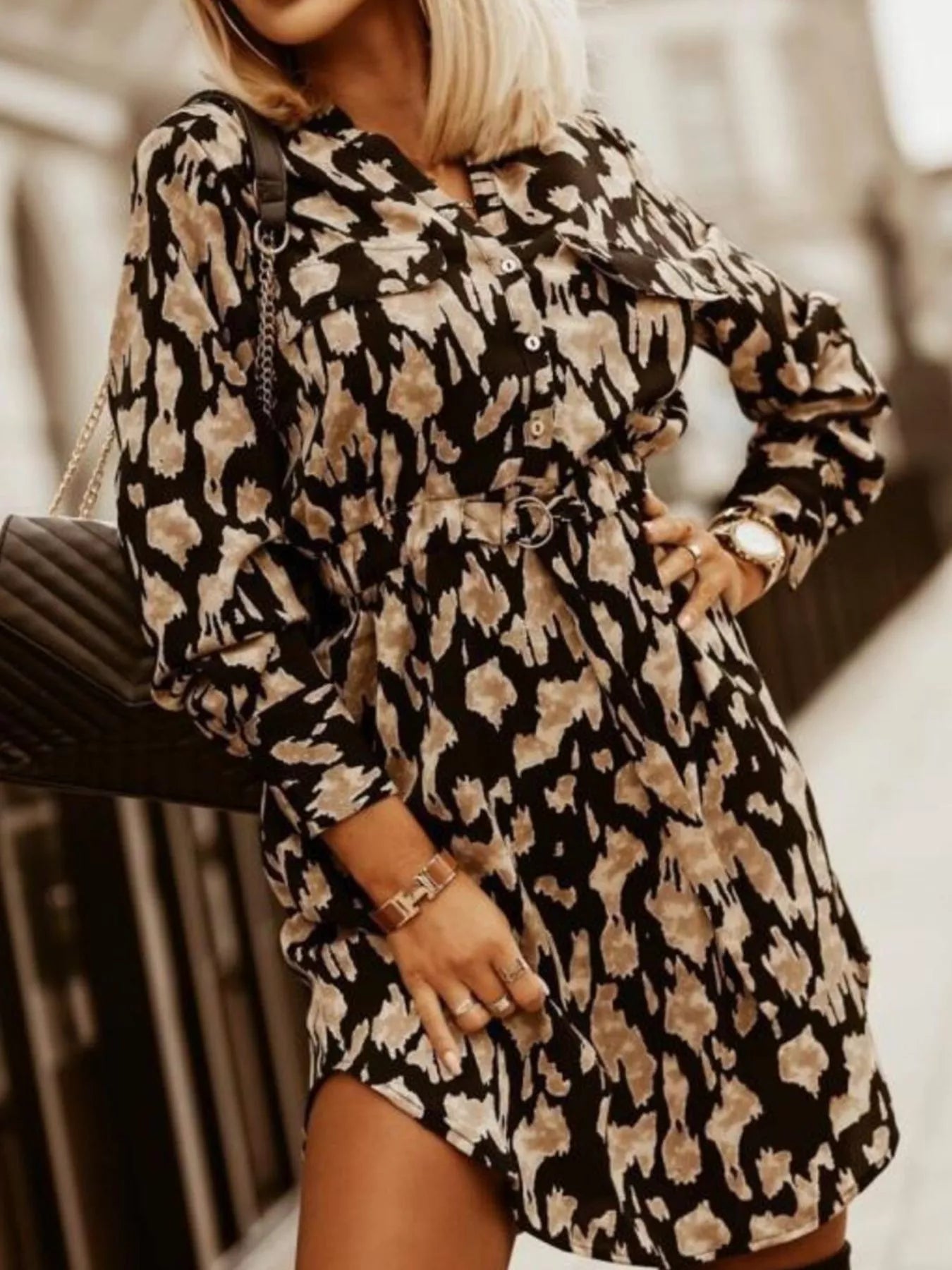 Printed Button Front Long Sleeve Dress 