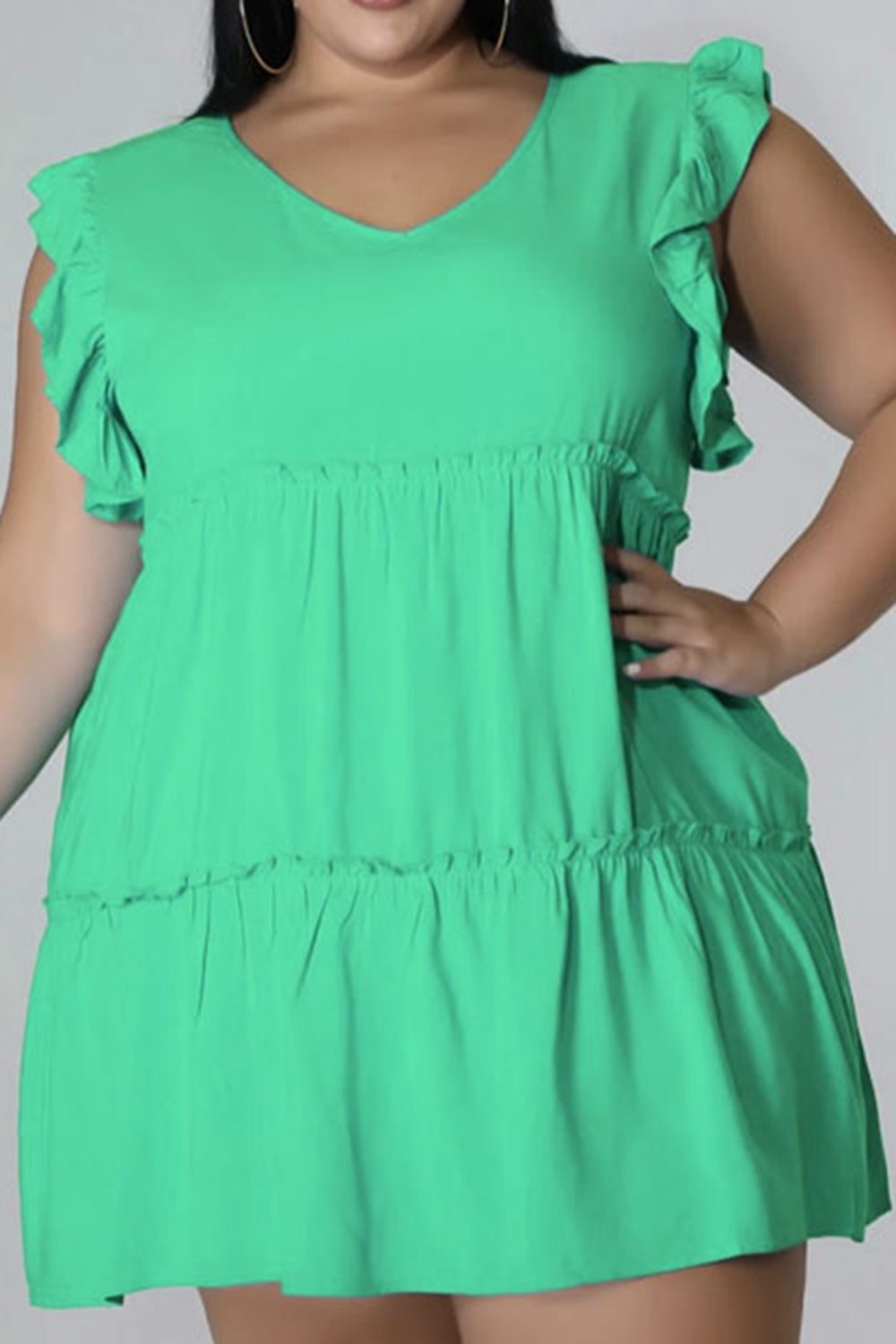 Plus Size V-Neck Frill Trim Mini Dress 