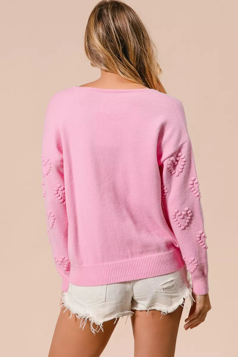 BiBi Valentines Heart Pompom V Neck Knit Top 