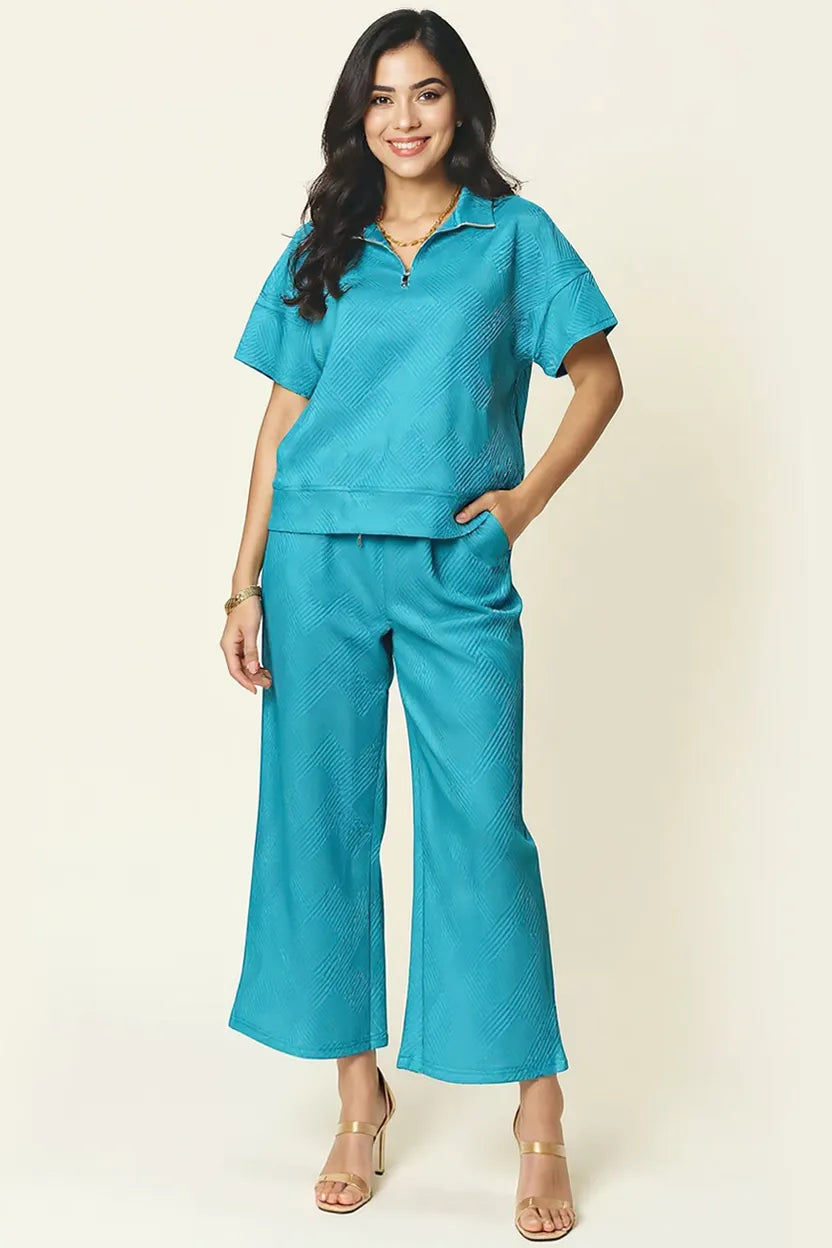 Double Take Full Size Texture Half Zip Short Sleeve Top and Pants Set 