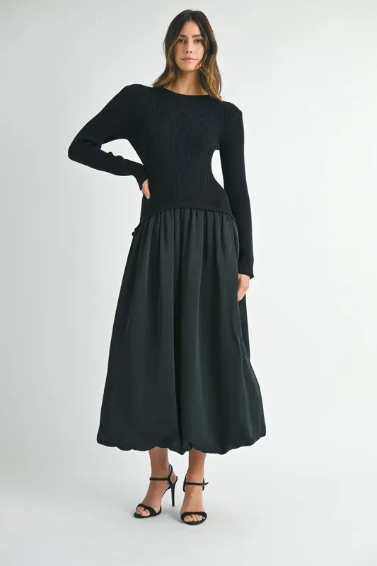 MABLE Ribbed Poplin Mix Midi Sweater Dress 