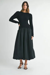 MABLE Ribbed Poplin Mix Midi Sweater Dress 