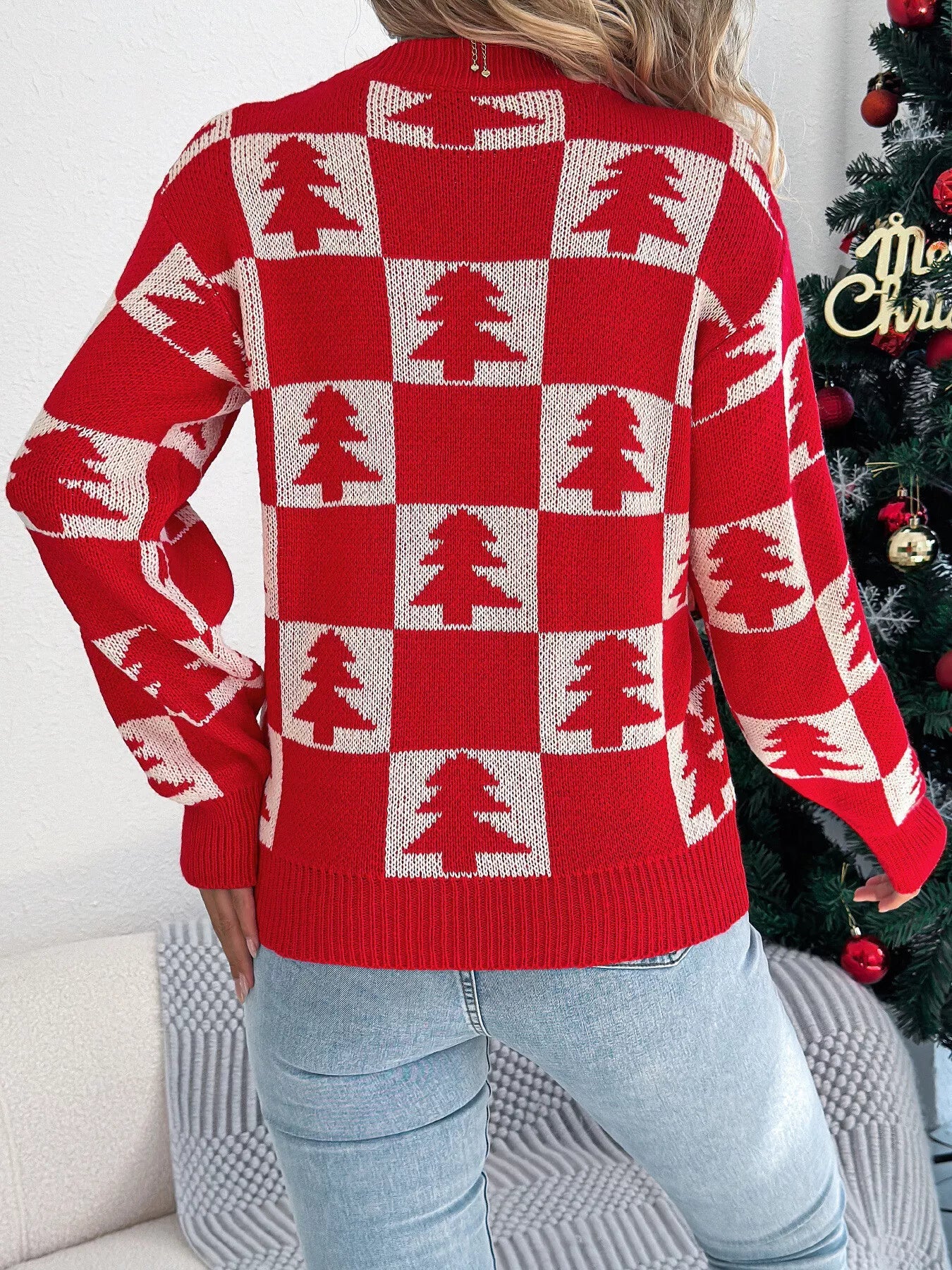 Christmas Tree Checkerboard Pattern Sweater 