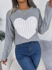 Cable Knit Heart Round Neck Sweater 