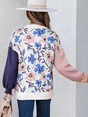 Floral Panel Colorblock Sleeve Patchwork Sweater 