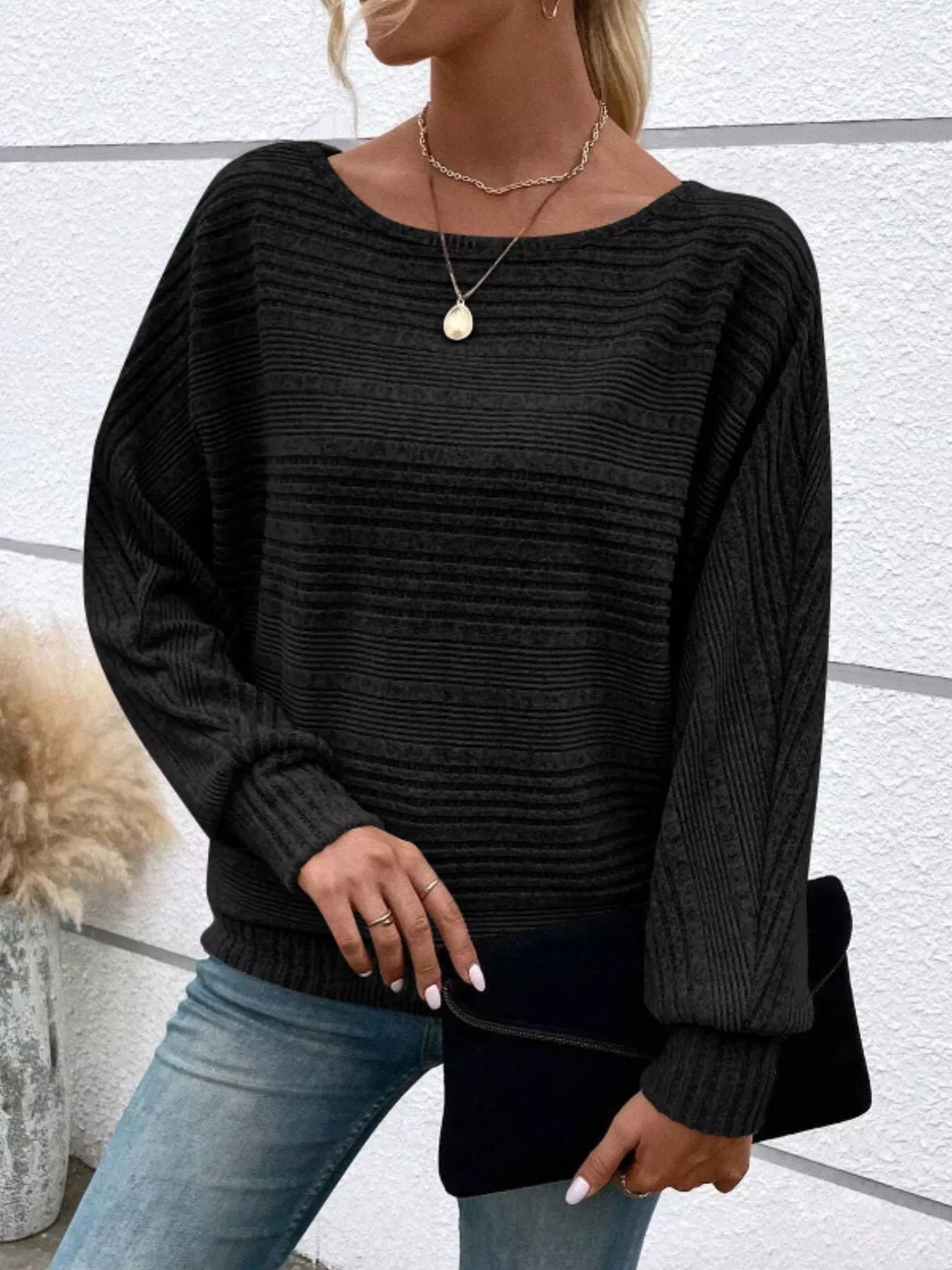 Ribbed Round Neck Long Sleeve Top 