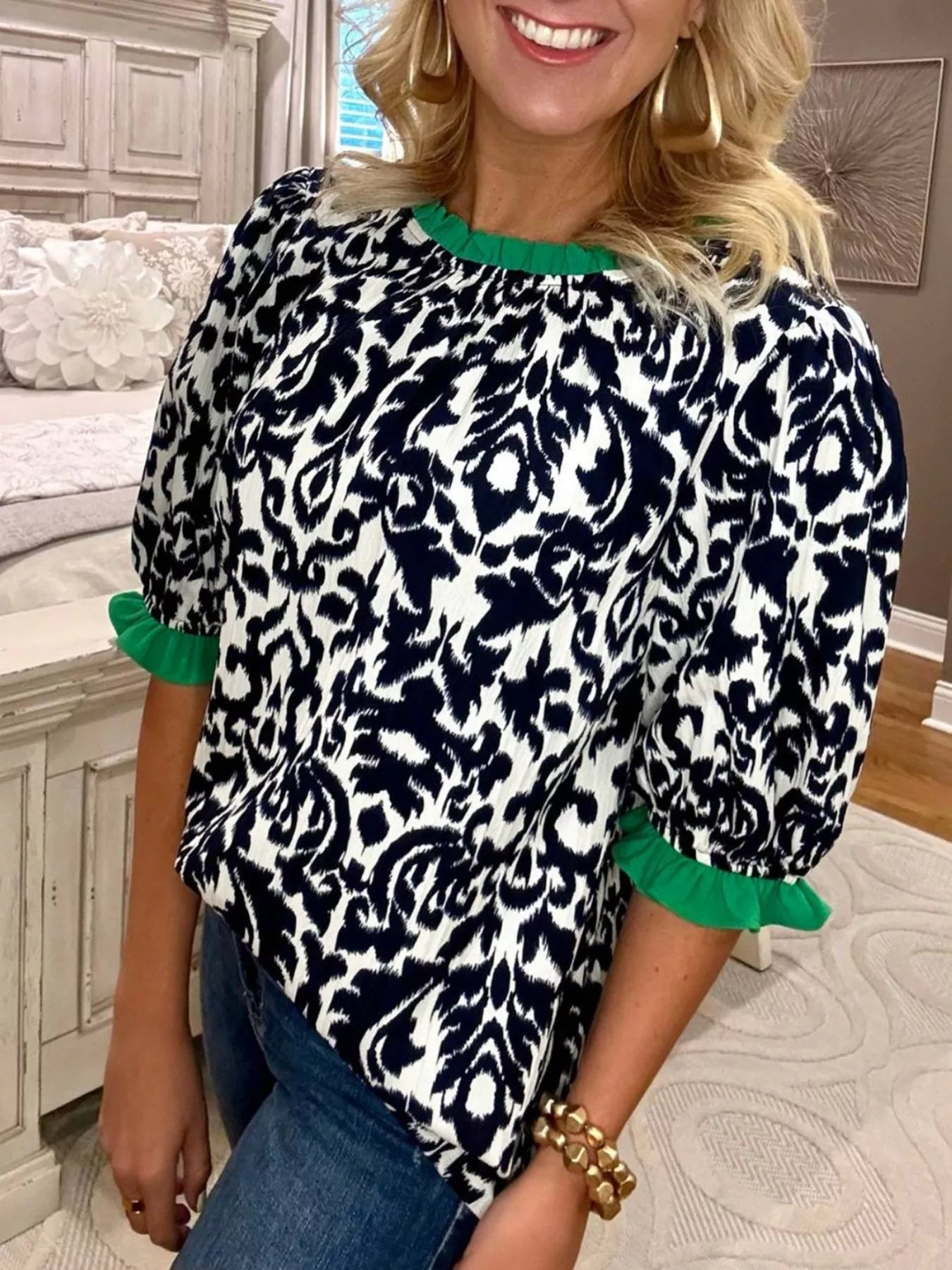 Damask Print Ruffled Color Block Detail Half Sleeve Blouse 