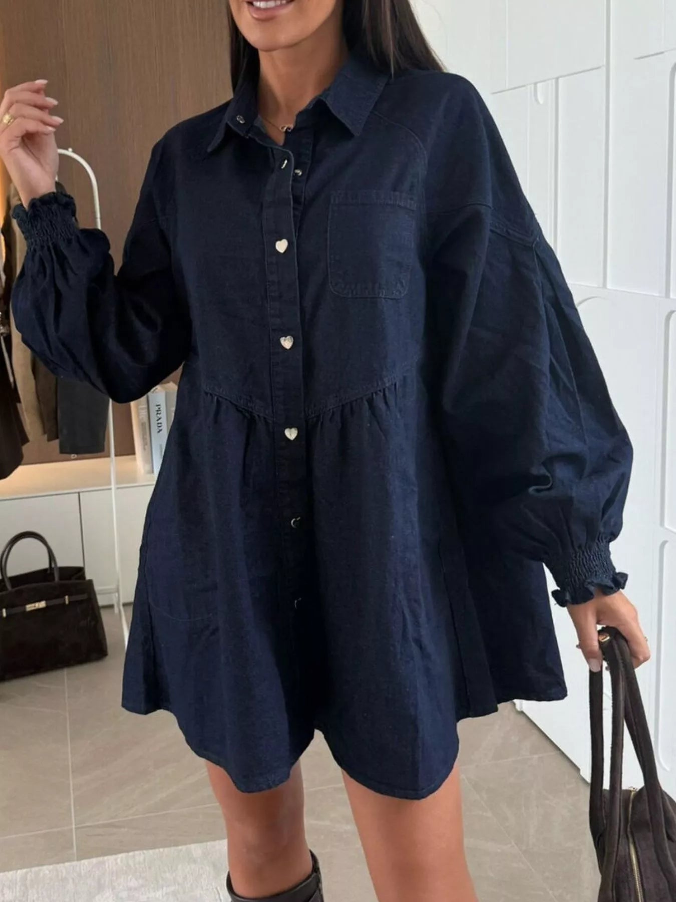 Button Down Mini Denim Dress with Front Pockets 