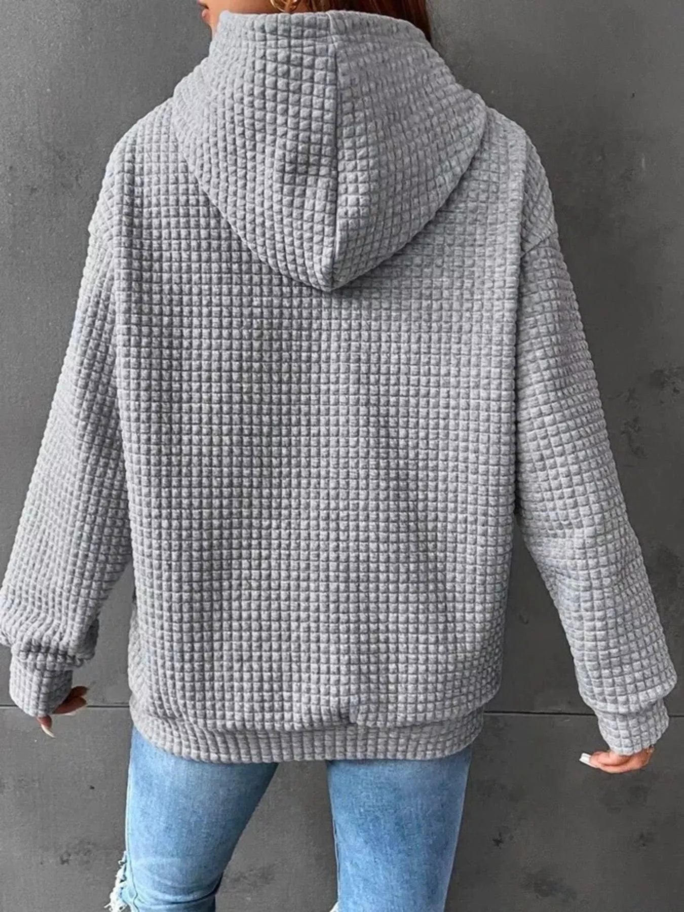 Waffle Knit Hoodie with Drawstring Details 