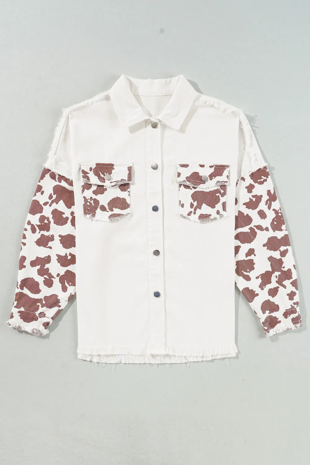 Raw Hem Animal Print Long Sleeve Denim Jacket 