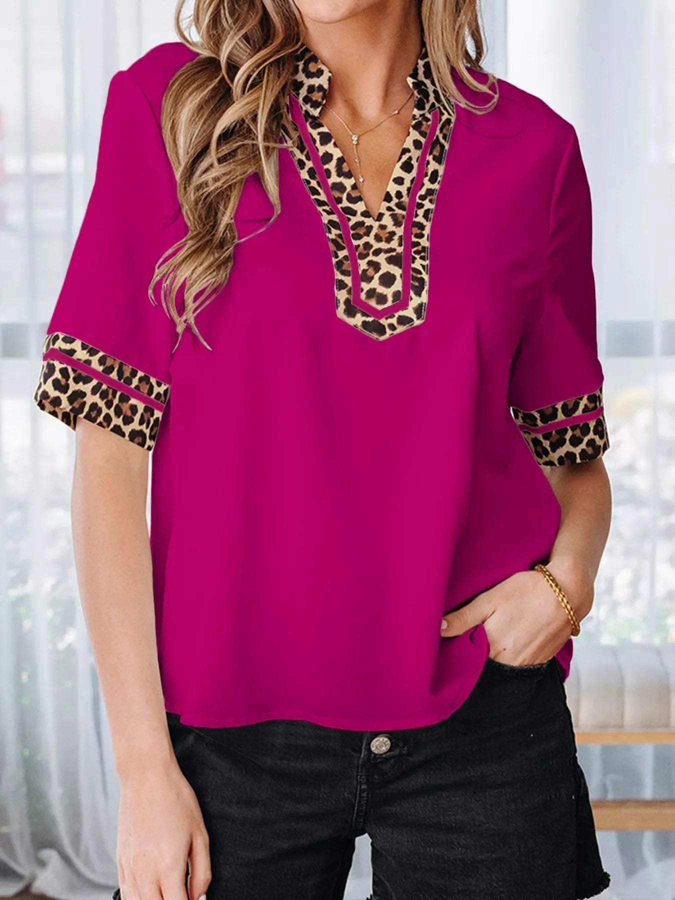 Leopard Patchwork Trim Split Neck Short Sleeve Blouse 