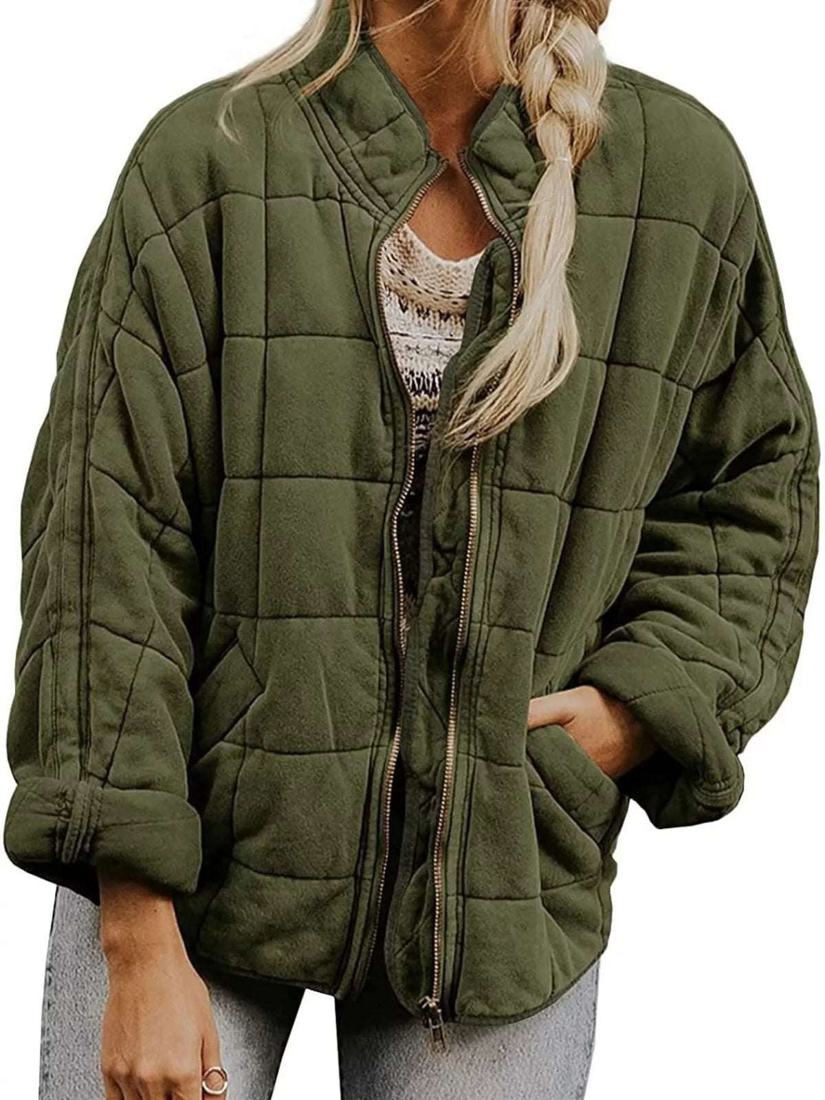 Full Size Zip Up Quilted Bomber Jacket Plus Size 
