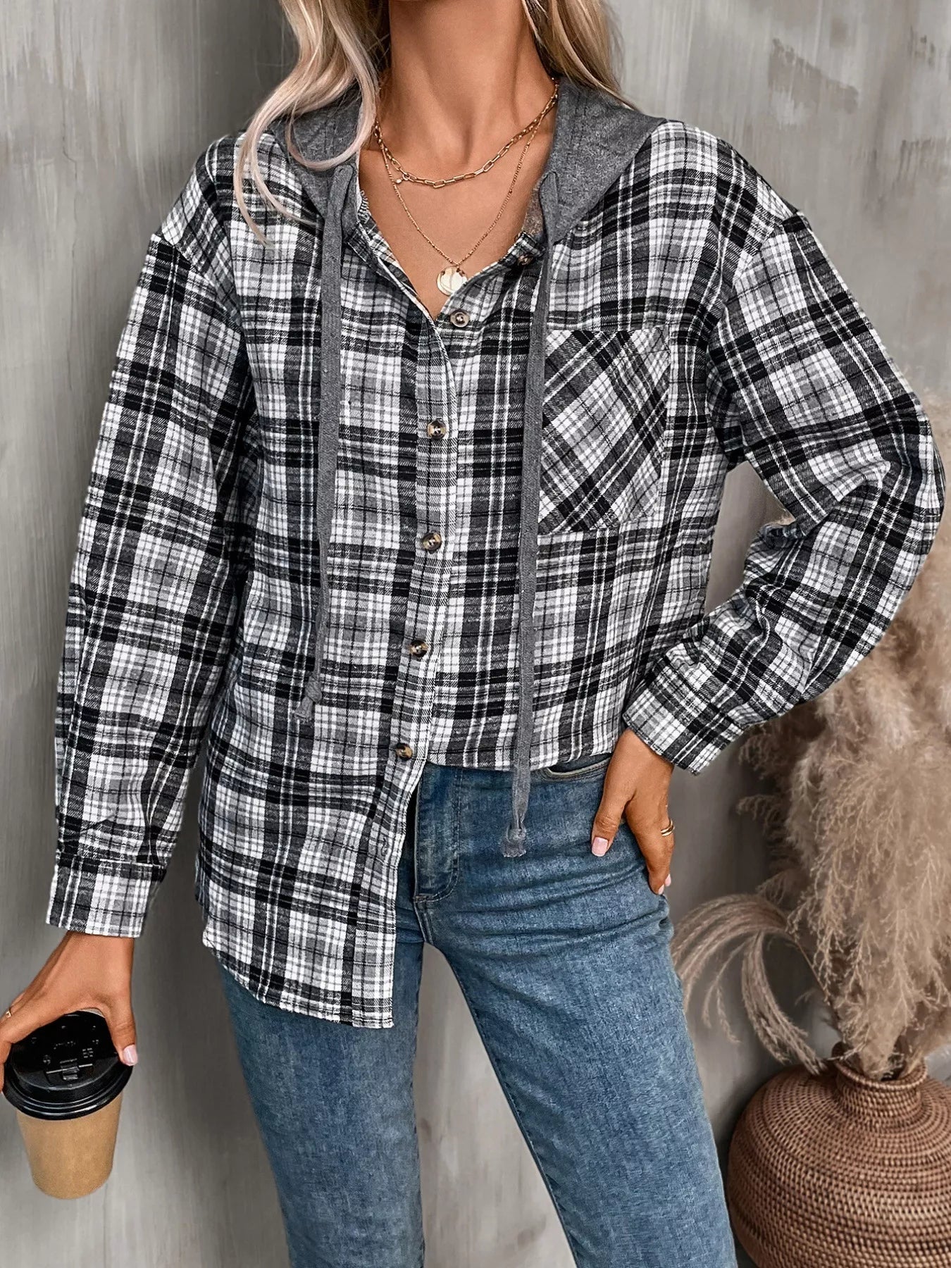 Plaid Button-Up Hooded Shirt with Chest Pocket 