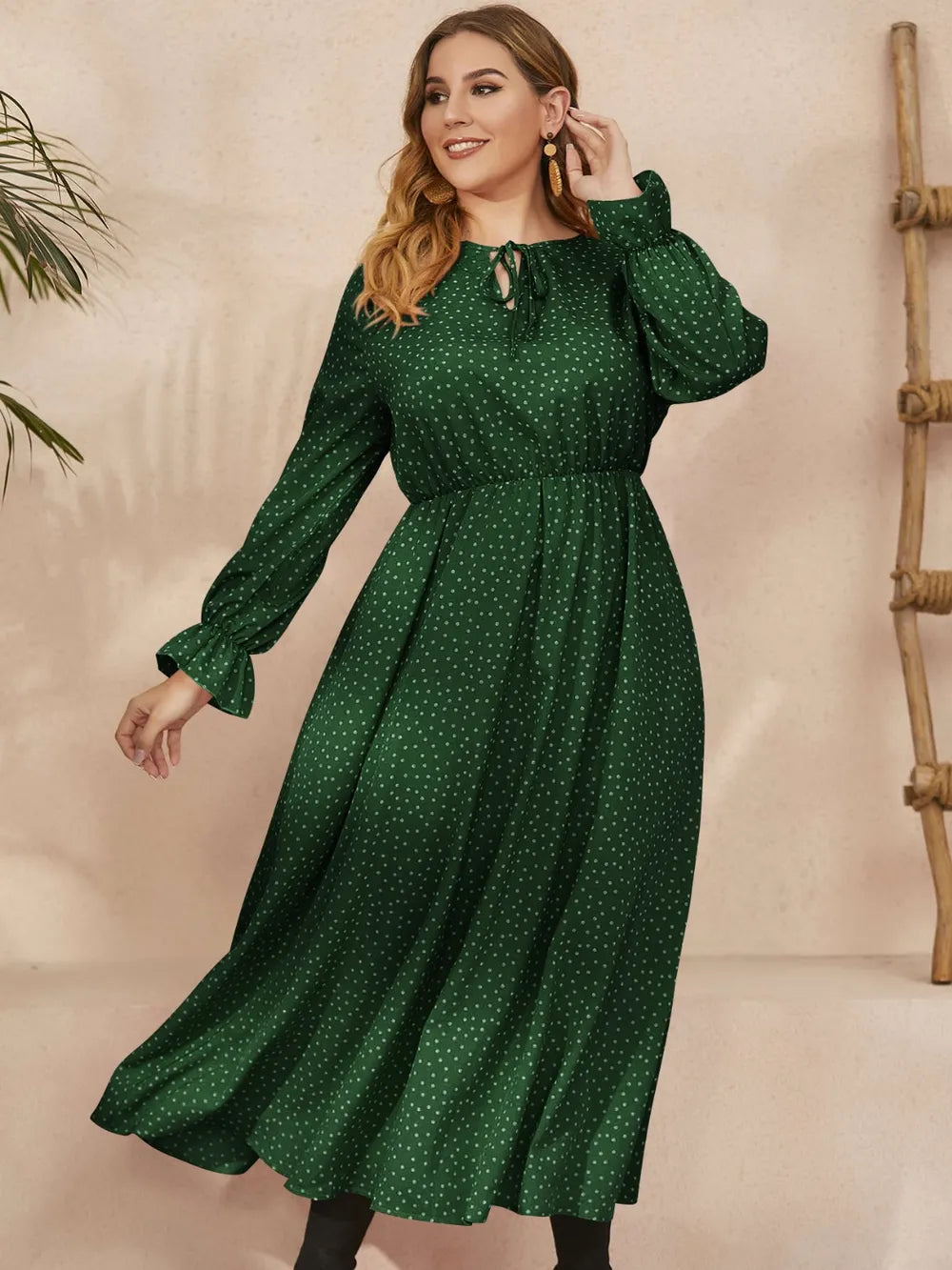 Honey Plus Size Ruffled Polka Dot Long Sleeve Midi Dress 