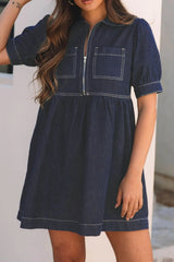 Collared Neck Half Zip Denim Dress 