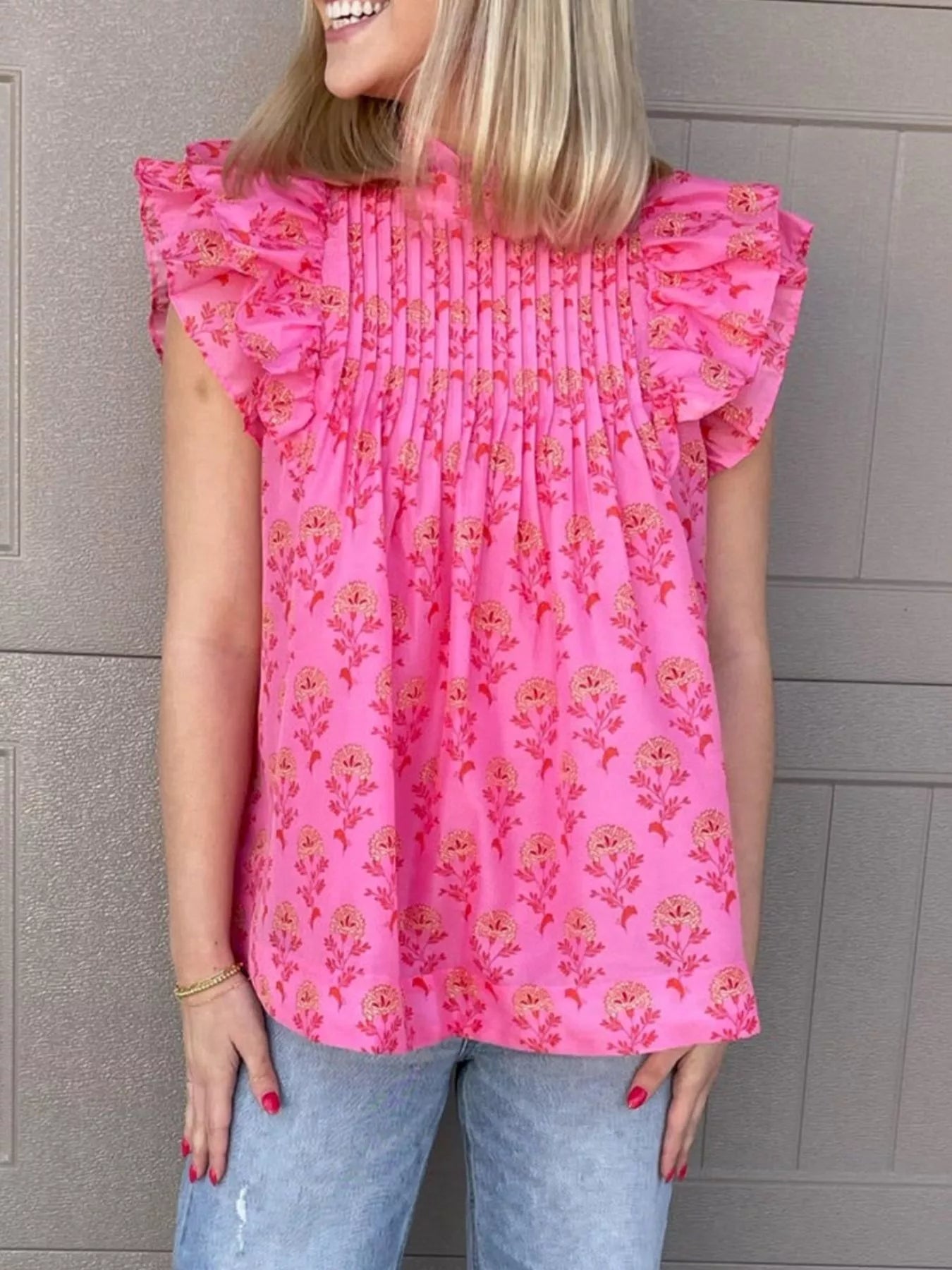 Floral Print Pleated Ruffled Flutter Sleeve Blouse 