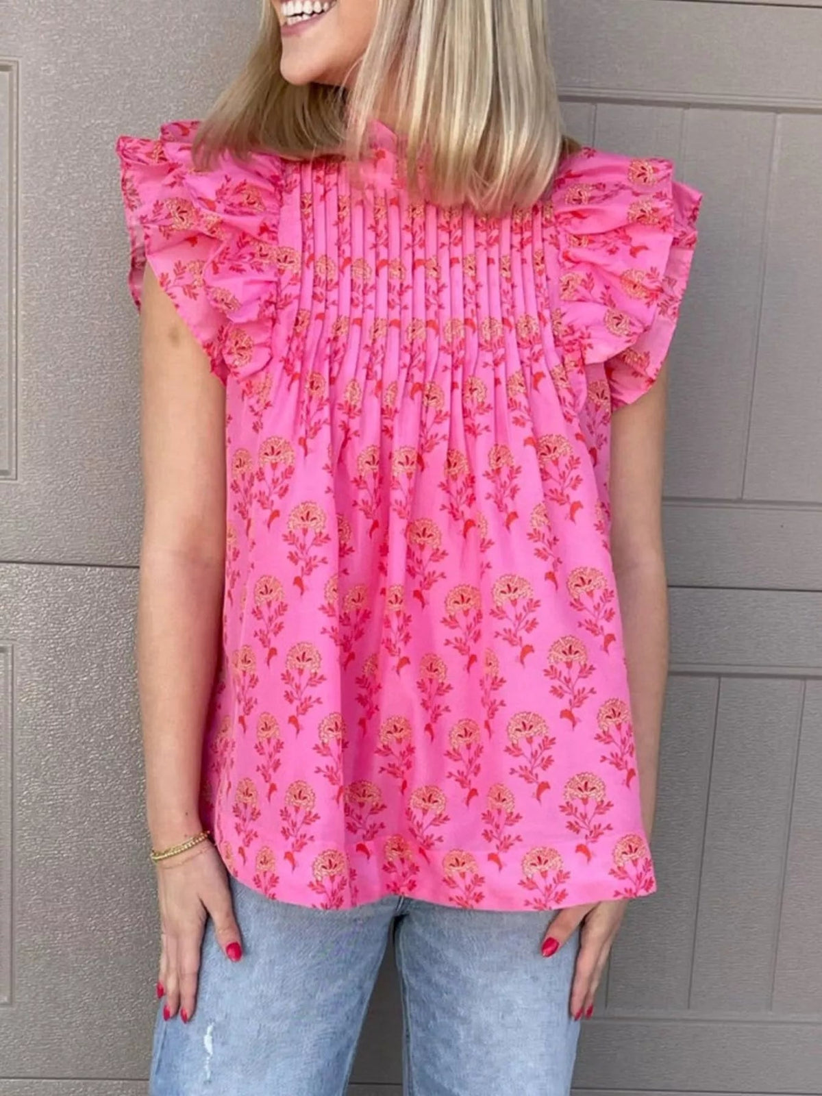 Floral Print Pleated Ruffled Flutter Sleeve Blouse 