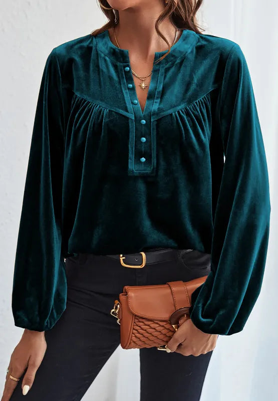 Notched Long Sleeve Velvet Top 
