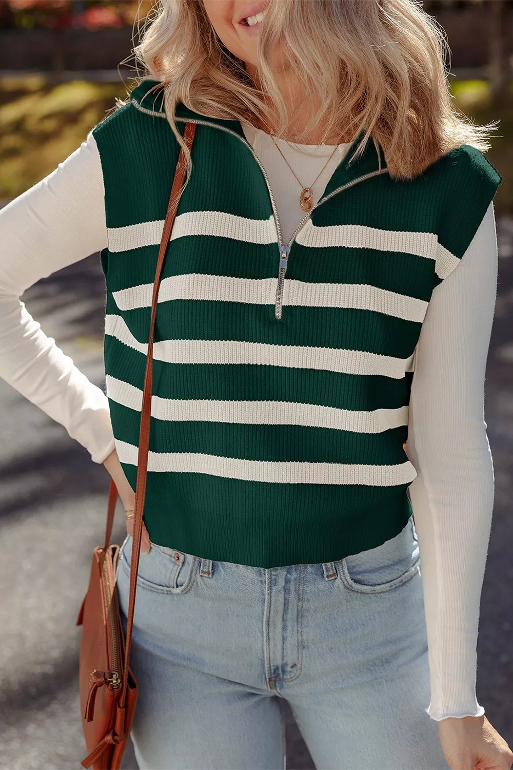 Ribbed Half Zip Collared Sweater Vest 