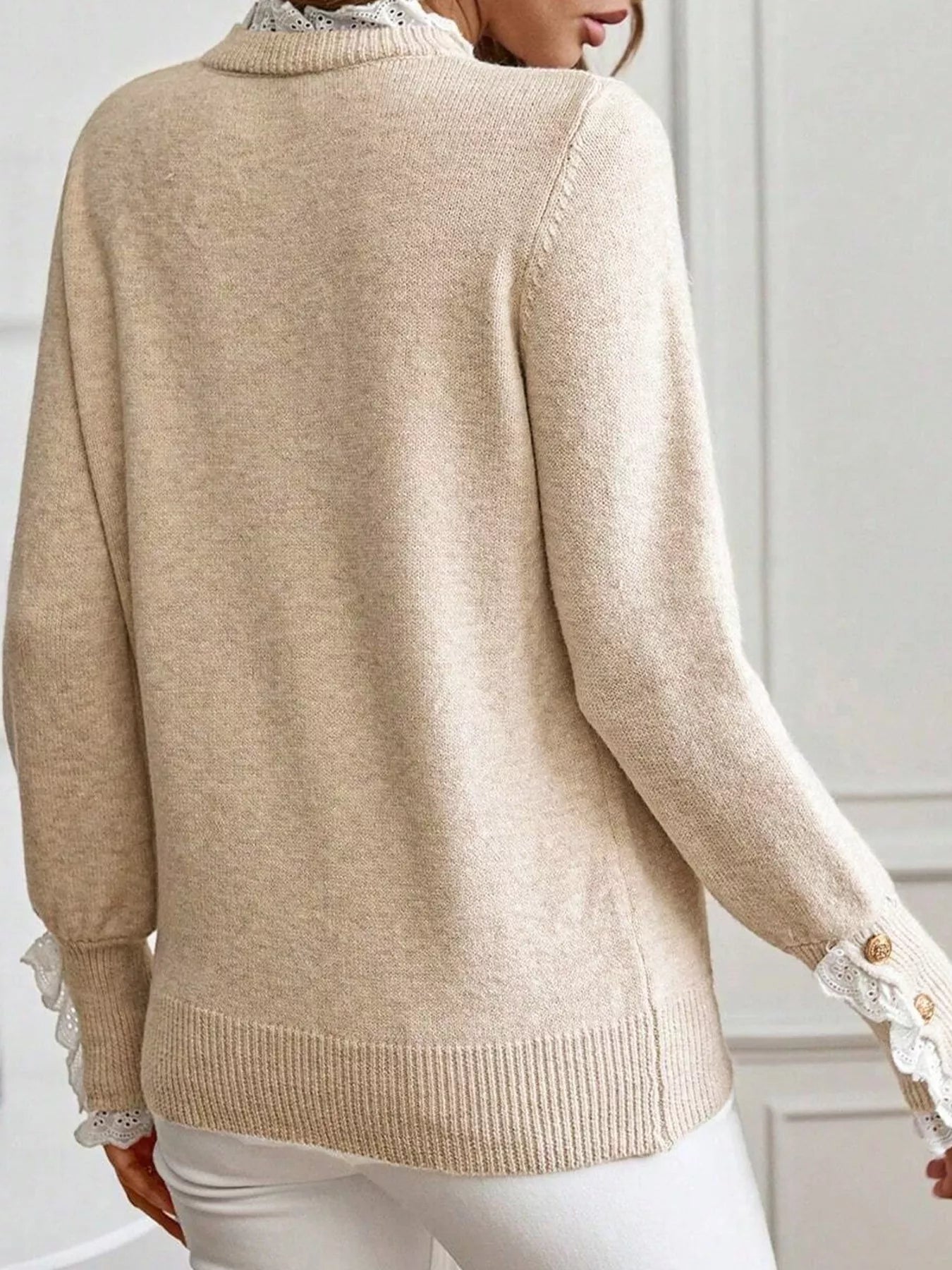 Lace Trim Button Cuff Long Sleeve Sweater 