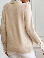 Lace Trim Button Cuff Long Sleeve Sweater 