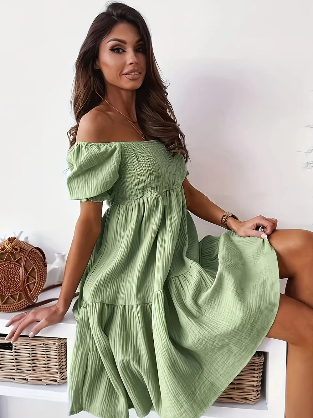 Full Size Ruffled Off-Shoulder Short Sleeve Dress 