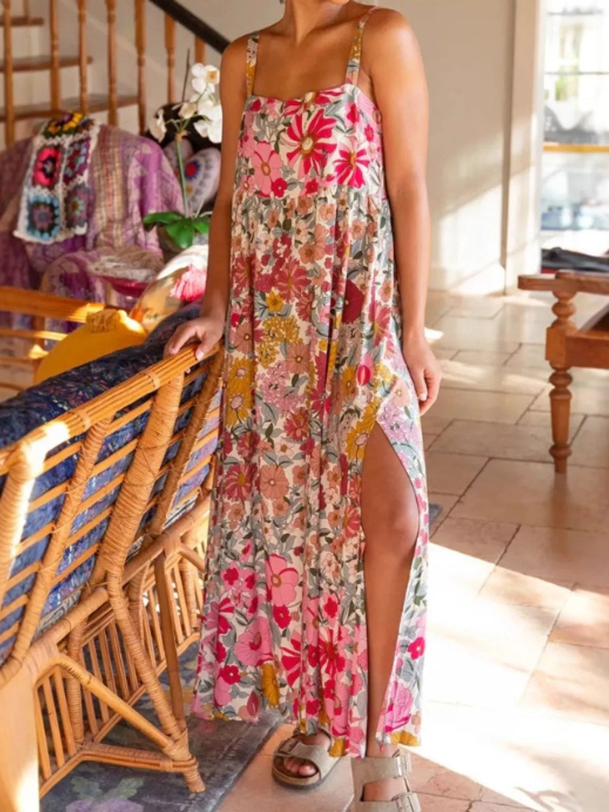 Full Size Square Neck Cami Dress with Side Slit Plus Size 